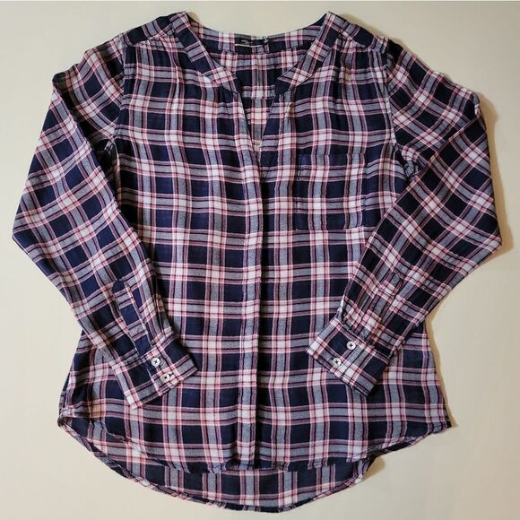 Silver Jeans Co. Navy Plaid Long Sleeve Button-Down Blouse - Picture 3 of 16